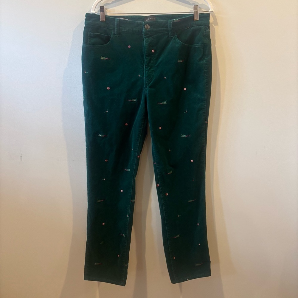 Talbots Christmas Embroidered Corduroy Pants Green